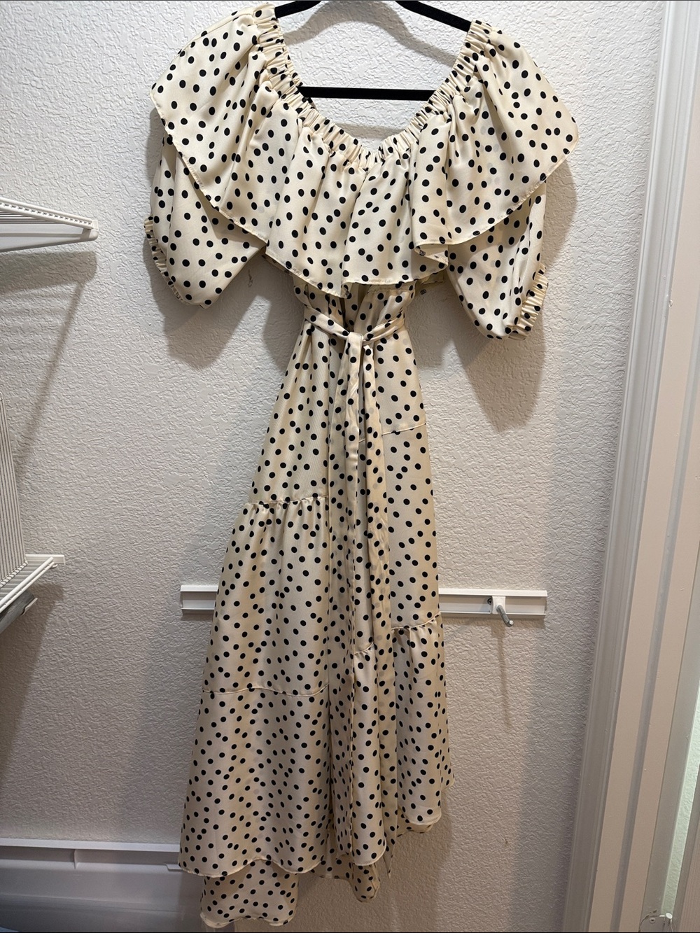 Topshop Cream Off the Shoulder Polka Dot Dress with Black Dots